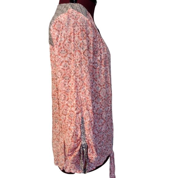 Democracy M Lightweight Floral Sheer Long Bishop Roll Tab Sleeve Tunic Blouse - Picture 5 of 9